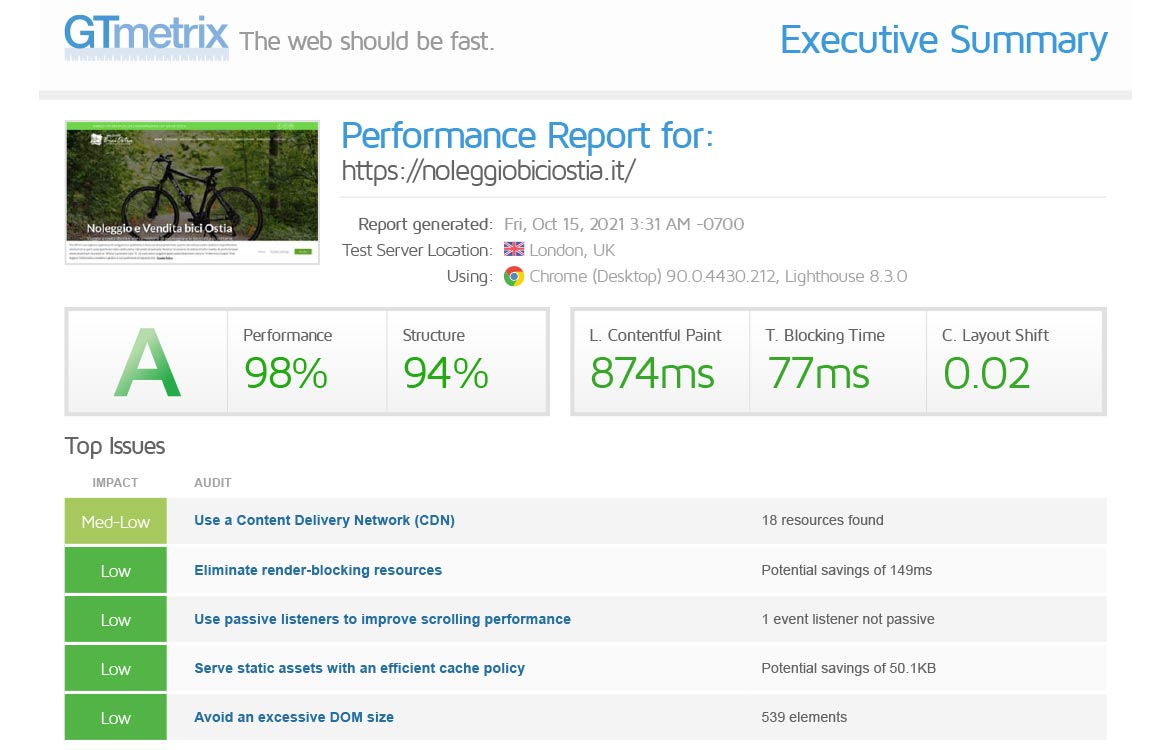 GTmetrix report Noleggio Bici Ostia server GREEN